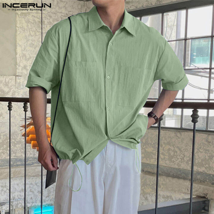 incerun-เสื้อเบลาส์เสื้อเชิ้ตที่มีน้ำหนักเบามีเชือกผูกสำหรับใส่สบายเก็บเอวผู้ชายแขนสั้น-สไตล์เกาหลี