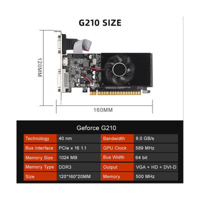 GT210 1G DDR3 Graphics Card 64Bit 589MHZ 500MHZ DVI+VGA+-Compatible Video Card Accessories