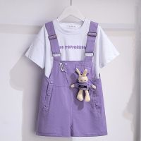 CUI YI SHOP overalls suit summer new 2023 foreign style childrens bunny casual T-shirt two-piece set thin