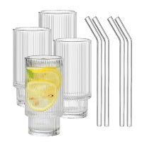 4 Set Ribbed Glassware Stackable Glass Cup 16 Oz with Straw