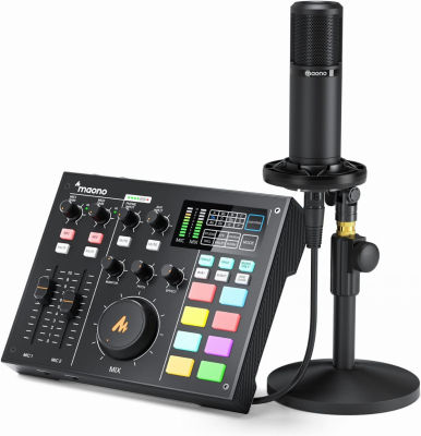 Audio Interface with DJ Mixer and Sound Card, Maonocaster Portable ALL-IN-ONE Podcast Production Studio with XLR Condenser Microphone for Guitar, Live Streaming, PC, Recording, and Gaming(AM100 K1)