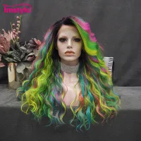 Imstyle Rainbow Wig Green Synthetic Lace Front Wig Heat Resistant Fiber Glueless Deep Wave Mixed Colorful Wigs For Women Party Wig  Hair Extensions Pa