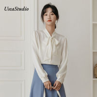 Usestudio โบว์ชีฟองเสื้อเชิ้ตสีขาวของผู้หญิงแขนยาวฤดูใบไม้ผลิและฤดูใบไม้ร่วงเสื้อ502T152