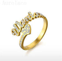 Aurolaco Customized Name Ring Zircon Letters Rings with Heart Couple Name Ring Family Ring Adjustable Wedding Ring