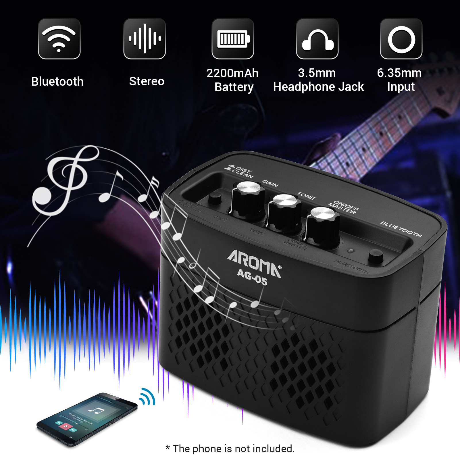 5W 9V Mini Electric Guitar Amplifier Mini Portable Compact Bluetooth Speaker Headphone Amp Volume Tone Control with USB Cable