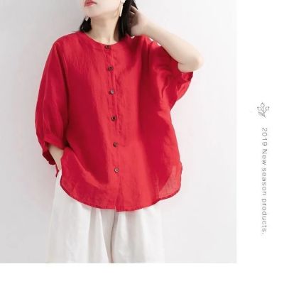 Womens Shirts Summer Tops Cotton Linen Shirts Lantern Sleeves Loose Middle Sleeves Plus Size Shirts Womens2022 ZANZEA