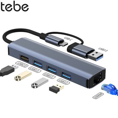 USB-A Tebe + USB-C ฮับต่อพ่วง Type- C เพื่อ Gigabit RJ45ยูเอสบีอีเธอร์เน็ต USB 3.0 Splitter สำหรับ Macbook iPad Samsung Xiaomi 5-ฮับ USB พอร์ต USB ฮับ Feona