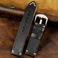 Handmade Italian raw edge leather strap 20 22 24MM black folded cowhide suitable for Panerai Seiko 【JYUE】