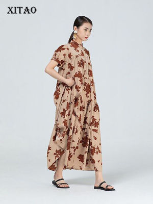 XITAO Dress Patchwork Color Loose Short Sleeve Flowers Print Dress