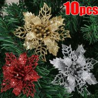 【FCL】✧  5-10pcs Large Silk Glitter Flowers 12-14cm Artificial for Xmas Ornaments Decoration Accessories