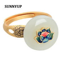 SUNNYUP เทรนด์แฟชั่นทองฝัง Hetian หยกเคลือบดอกบัวหัวเข็มขัดเปิดแหวน