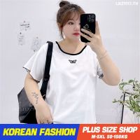 Plus size เสื้อผ้าสาวอวบ❤ เสื้อยืดสาวอวบอ้วน ไซส์ใหญ่ ผู้หญิง ทรงหลวม แขนสั้น คอกลม สีขาว ฤดูร้อน สไตล์เกาหลีแฟชั่น V728