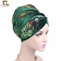 【YF】 Women Elegant Sequined Peacock Embroidery Long Velvet Turban Muslim Headwrap Hijab Stylish Headscarf African Hair Accessories