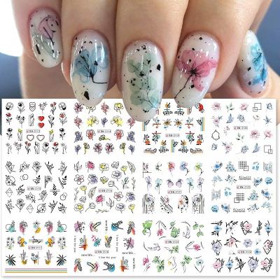 12pcs Flower Leaves Decals Plant Geometric Sliders Nail Stickers for Manicure Nail Art Decoration Transfer Water Stickers