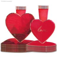 ◑﹍ Valentines Day Party Disposable Tableware Rose Red Pink Heart Shaped Plates Napkins Wedding Girls Happy Birthday Party Supplies