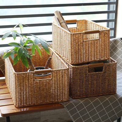 Wicker Storage Basket Rattan Woven Shelf Storage Basket Stackable Shelf Organizer Basket with Handle Rectangle