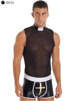 Men S Sexy Priest Costume 2 Piece See Through Mesh Crop Top With Shorts Halloween Medieval Monk Cosplay ชุดแฟนซีชุด