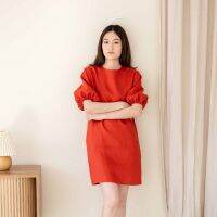 SUUBE Official Ivy dress-Cherry(แดงอมส้ม) เดรสสั้นแขนพอง ผ้าลินินแท้ ทรงตรง มีซับในและกระเป๋าข้าง