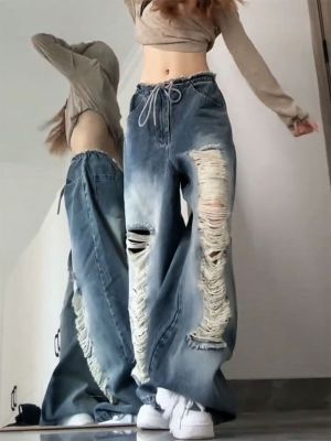 เสื้อแขนยาว Retro Raw Edge Washed Ripped Jeans Women Summer High Waist Thin Wide Leg Pants High Street Vibe Pants