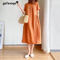 【YF】 Summer New Oversized Loose Casual Long Dress Women Solid Color Short Sleeve Cotton Vintage Vestidos De Fiesta Chic Robe Femme