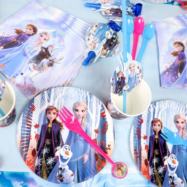 Princess Frozen 2 Party Paper Straw Plates Cups Girls Frozen 2 Elsa Anna Birthday Decor Party 