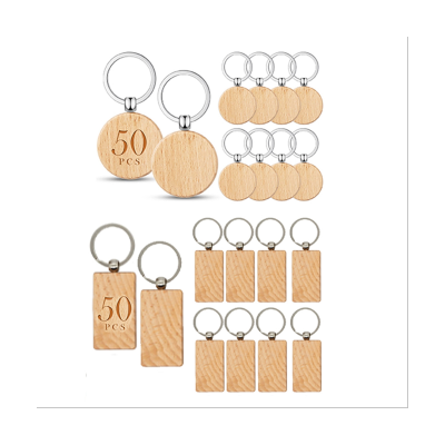 100 Pcs Blanks Unfinished Wooden Key Ring Key Tag DIY Keychain for DIY Crafts(Round+Rectangle)