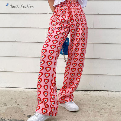 HuaX ผู้หญิงนมไหมรูปหัวใจพิมพ์กางเกงเอวหลวมผ้าม่านกางเกงขากว้าง