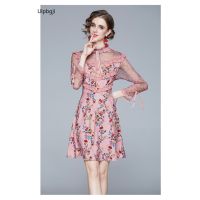 New round Neck Fashion Printed Lace Classic Style Long-Sleeved Pink Dress