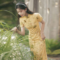 ปรับปรุง Cheongsam สูงแยกสาวใหม่หญิงสาวที่สง่างามที่เรียบง่ายวินเทจสไตล์จีนชุดหญิงฤดูร้อนกลางความยาว