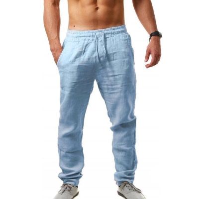 กางเกงฝ้ายลินินสำหรับผู้ชายชุดฟิตเนสแนวสตรีทกางเกงผ้าลินินสีทึบระบายอากาศได้ดีใหม่2023ฤดูใบไม้ร่วง