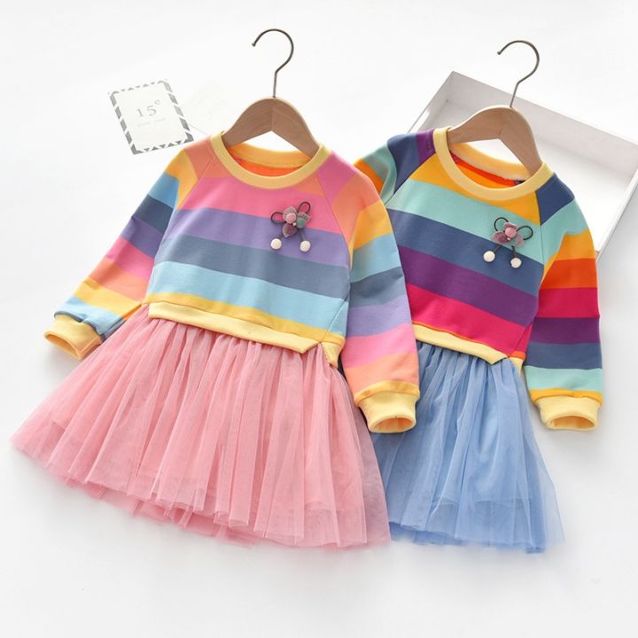 jeansame-dress-2020มาใหม่สาวชุดฤดูใบไม้ผลิแขนยาวลายสีที่มีสีสันสายรุ้งเด็กเสื้อผ้าเจ้าหญิงปุยพรรคชุด