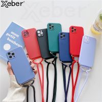 Casing ponsel silikon tali kalung selempang mewah untuk iphone 14 Plus 13 12 11 Pro Max warna Solid penutup TPU