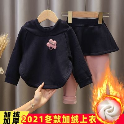 [COD] 2022 new childrens foreign style suit plus velvet thickened sweater baby two-piece set girls autumn and winter clothes