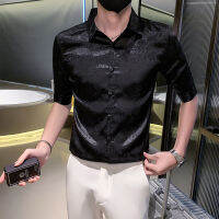 สไตล์อังกฤษหรูหราแขนสั้นผ้าไหมน้ำแข็งชายเสื้อฤดูร้อนเกาหลี Street Tops Slim Men S ดอกไม้ปาร์ตี้สังคมเสื้อ
