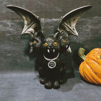 Dark 3 Heads Cat With Bat Wings Statues For Halloween Decoration Black Cat Ornaments For Home Sculptures &amp; Figurines Decoration