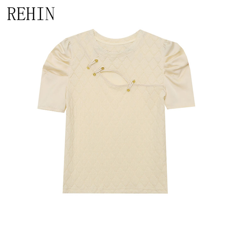 rehin-เสื้อยืดผู้หญิงแขนสั้นมีรอยยับ-คอกลมเสื้อหรูหราบางเฉียบฤดูร้อน