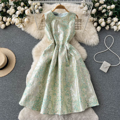 Gorgeous Elegant Fashion High-end Jacquard Temperament Celebrity Dress Dress Female High Waist Slim Puffy A-line Skirt 2022 Summer New