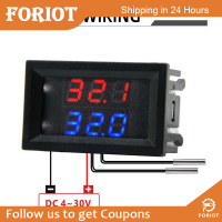 Foriot  ดียมอร์สามหลักจอแสดงผลดิจิตอลสองหลัก T-Hermometer NTC โลหะกันน้ำหัววัดคู่ DC4-28V สีแดงและสายสีน้ำเงินยาว1เมตรรูปทรงกระบอก