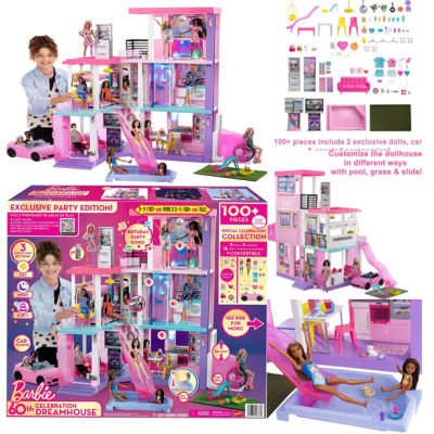 Newest Entry🇺🇸 Barbie 60th Celebration DreamHouse Playset (3.75 ft) with 2 Exclusive Dolls, Car, Pool, Slide, Elevator, Lights &amp; Sounds, 100+ Pieces, 3 Year Olds &amp; Up ราคา 12,000.- บาท
