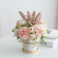 Ins Nordic artificial flower set (flower+vase) ceramic golden vase rose peony simulation plants pot home decoration fake flowers