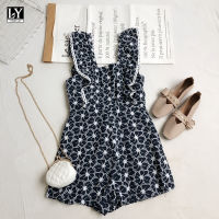 LY VAREY LIN New Summer Women Holiday Print Jumpsuits Square Collar Embroidery Hollow Out High Waist Wide Leg Playsuits