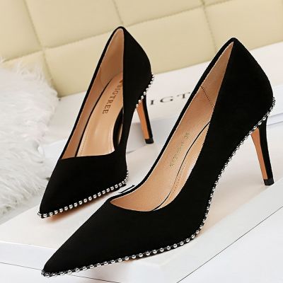 ☇❄❁ BIGTREE Shoes Black Heels Metal Beads Woman Pumps Suede High Heels Stiletto Wedding Shoes Women Heels Female Plus Size 41 42 43