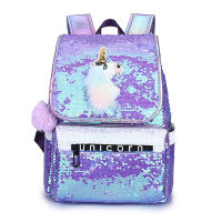 Girls Sequins Unicoorn Backpack Student Rainbow Pattern with Plush Ball Double Shoulders Backpacks Kids Back Pack Mochila