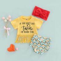 Citgeett Summer Newborn Girl Short Pants Outfits Short Sleeve Letter Printed Tassel Hem Tops + Printed Shorts + Headband Set  by Hs2023