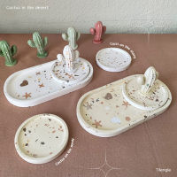 [ Tilengle ] ถาดปูน SET. Cactus in the desert (ถาดวงรี) - Terrazzo coaster/tray, ที่รองแก้ว, ถาดใส่เครื่องประดับ ขนาดวงกลมเส้นผ่านศูนย์กลาง 7 cm. และ วงรี 9x17.5 cm.