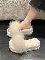 ♧▦ Fairy wind fur slippers womens summer wear 2023 new style muffin thick-soled high-end fashion heightened sandals and slippers