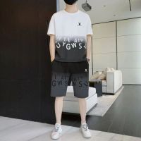 【Hot Sale】 Playboy mens summer suit Korean style trendy short-sleeved T-shirt five-point two-piece sports and leisure