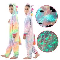 Glow In The Dark Kids Pajamas Kigurumi Unicorn Onesie Winter Flannel Overalls for Children Pyjamas Baby Girl Sleepwear Plush Pjs