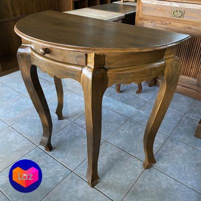 (ประกอบแล้ว) โต๊ะไม้สัก โต๊ะครึ่งวงกลม ไม้สัก สูง 75x40x80 cm.ไม้สักแห้งสนิท ทำสีแล๊กเกอร์ (มี 2 สี) Teak Wooden Table Semicircular Brown/Oak Color