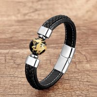 Silver Color Metal Round Natural Stone Carve Gold Plated Dragon Bracelet for Man Woven Leather Rope Tiger Eye Jewelry Accessory Charms and Charm Brace